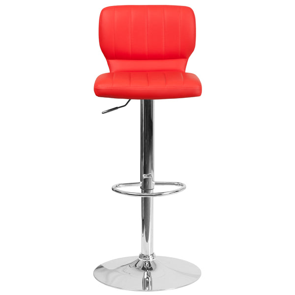 Red Vinyl |#| Red Vinyl Adjustable Height Barstool w/ Vertical Stitch Back & Chrome Base