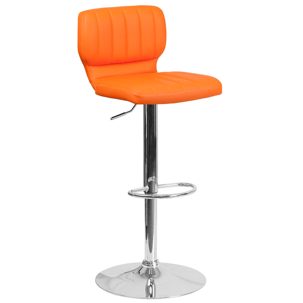 Orange Vinyl |#| Orange Vinyl Adjustable Height Barstool w/ Vertical Stitch Back & Chrome Base