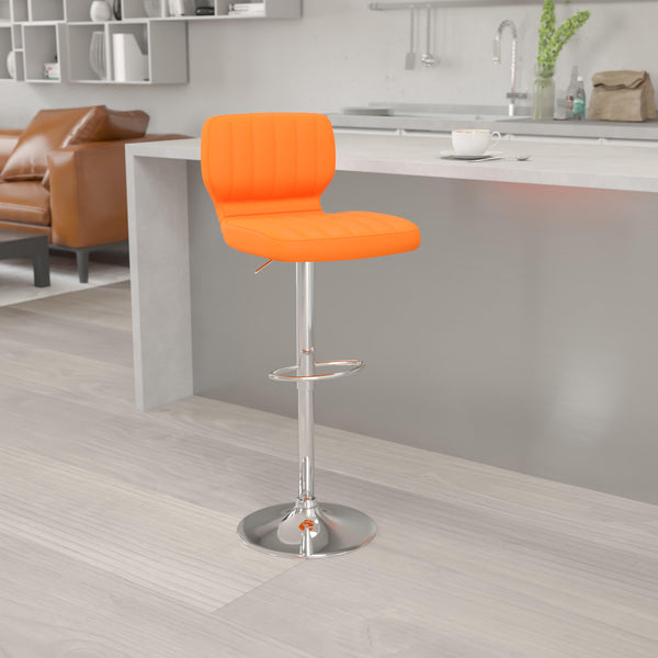Orange Vinyl |#| Orange Vinyl Adjustable Height Barstool w/ Vertical Stitch Back & Chrome Base