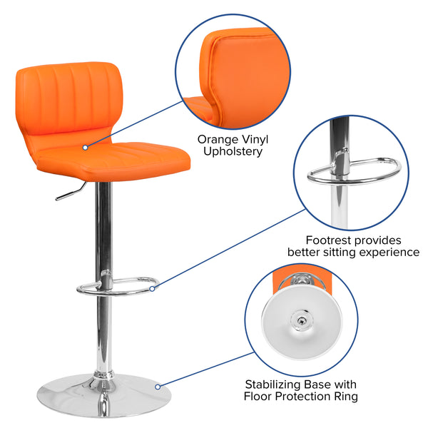 Orange Vinyl |#| Orange Vinyl Adjustable Height Barstool w/ Vertical Stitch Back & Chrome Base