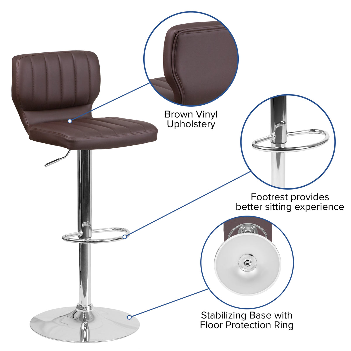 Brown Vinyl |#| Brown Vinyl Adjustable Height Barstool w/ Vertical Stitch Back & Chrome Base