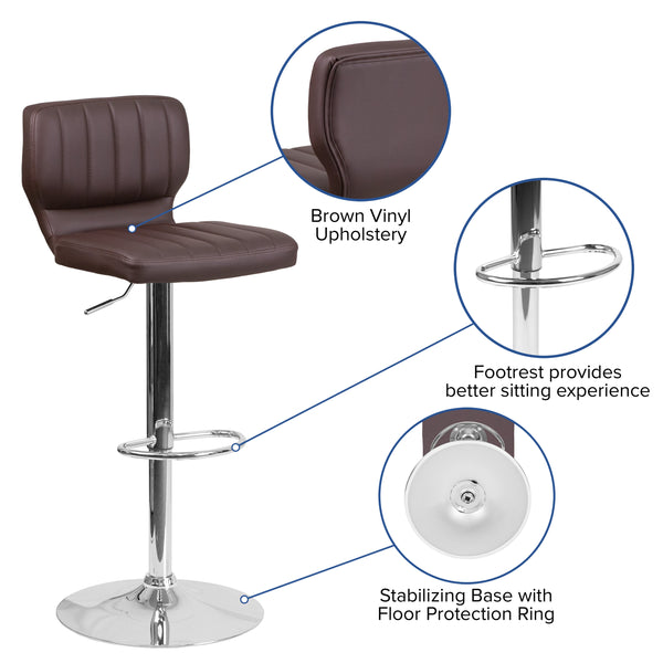 Brown Vinyl |#| Brown Vinyl Adjustable Height Barstool w/ Vertical Stitch Back & Chrome Base