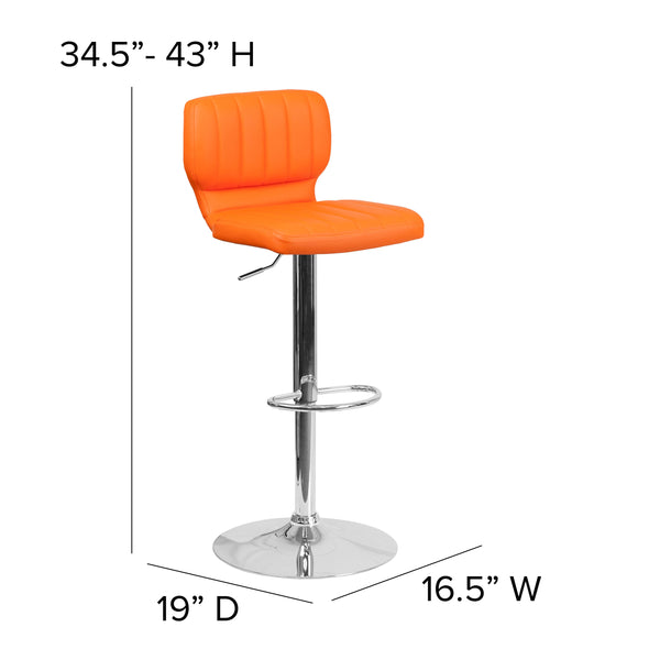 Orange Vinyl |#| Orange Vinyl Adjustable Height Barstool w/ Vertical Stitch Back & Chrome Base