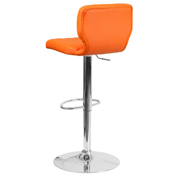 Orange Vinyl |#| Orange Vinyl Adjustable Height Barstool w/ Vertical Stitch Back & Chrome Base