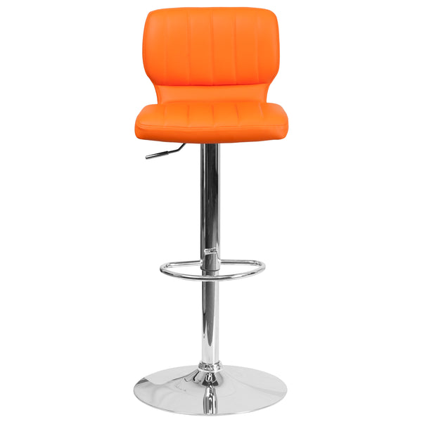 Orange Vinyl |#| Orange Vinyl Adjustable Height Barstool w/ Vertical Stitch Back & Chrome Base