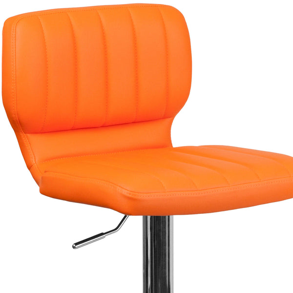 Orange Vinyl |#| Orange Vinyl Adjustable Height Barstool w/ Vertical Stitch Back & Chrome Base