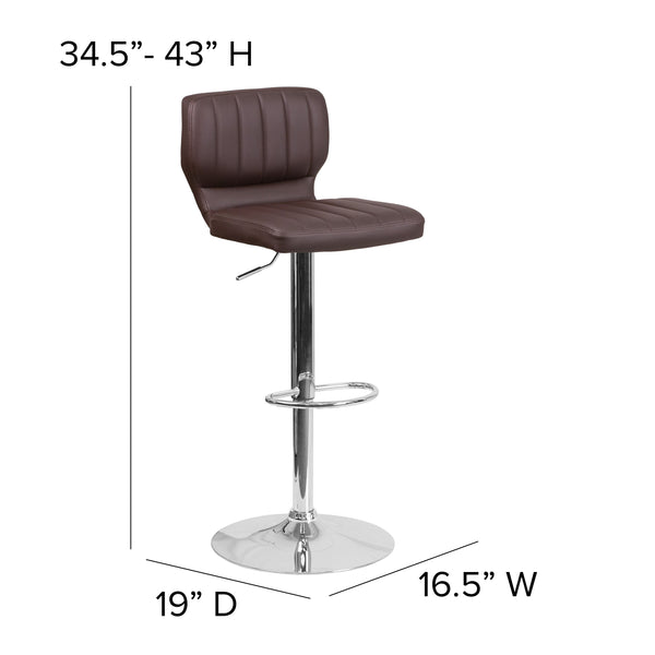 Brown Vinyl |#| Brown Vinyl Adjustable Height Barstool w/ Vertical Stitch Back & Chrome Base