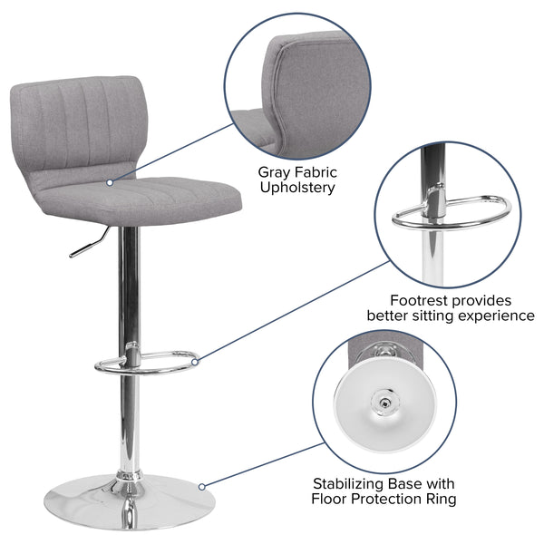 Gray Fabric |#| Gray Fabric Adjustable Height Barstool w/ Vertical Stitch Back & Chrome Base