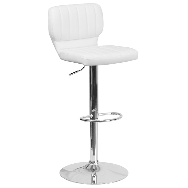 White Vinyl |#| White Vinyl Adjustable Height Barstool w/ Vertical Stitch Back & Chrome Base