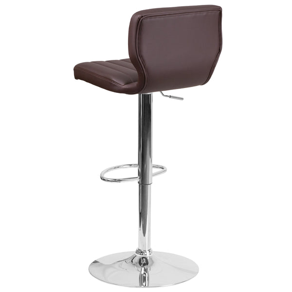 Brown Vinyl |#| Brown Vinyl Adjustable Height Barstool w/ Vertical Stitch Back & Chrome Base