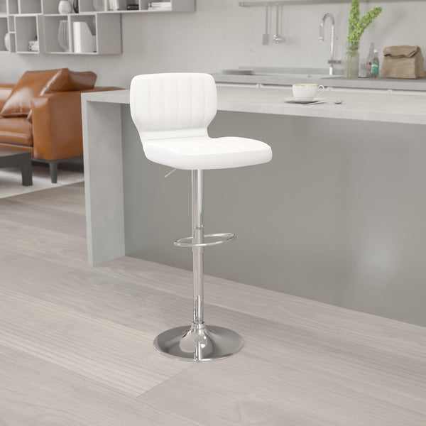 White Vinyl |#| White Vinyl Adjustable Height Barstool w/ Vertical Stitch Back & Chrome Base