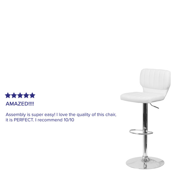 White Vinyl |#| White Vinyl Adjustable Height Barstool w/ Vertical Stitch Back & Chrome Base