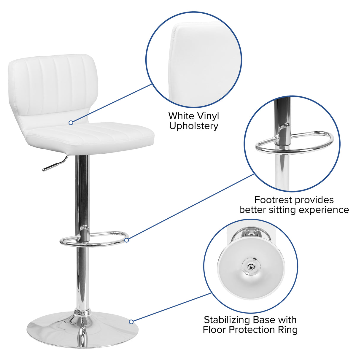 White Vinyl |#| White Vinyl Adjustable Height Barstool w/ Vertical Stitch Back & Chrome Base