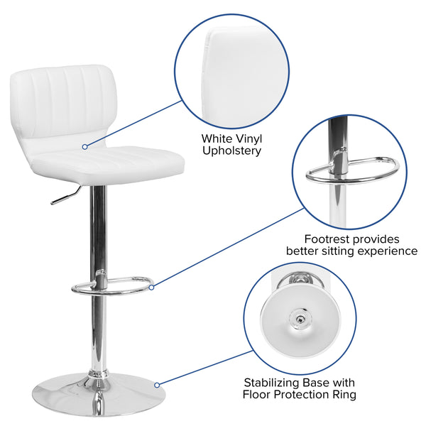 White Vinyl |#| White Vinyl Adjustable Height Barstool w/ Vertical Stitch Back & Chrome Base