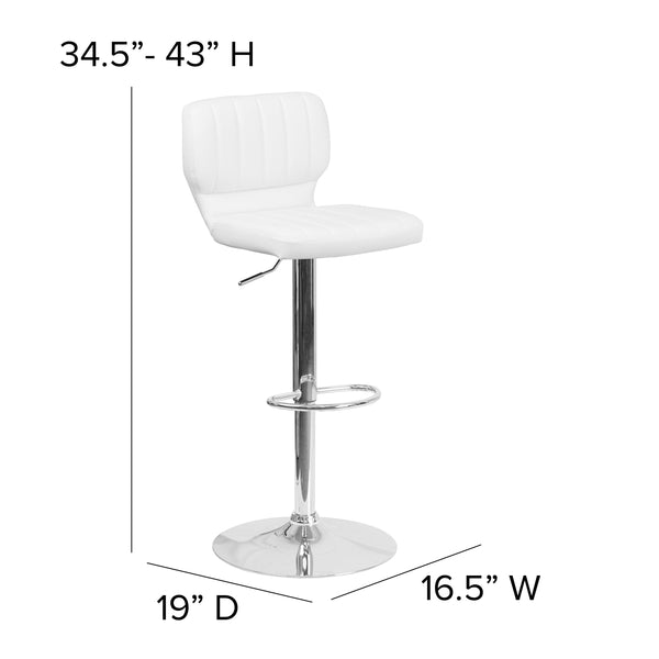 White Vinyl |#| White Vinyl Adjustable Height Barstool w/ Vertical Stitch Back & Chrome Base