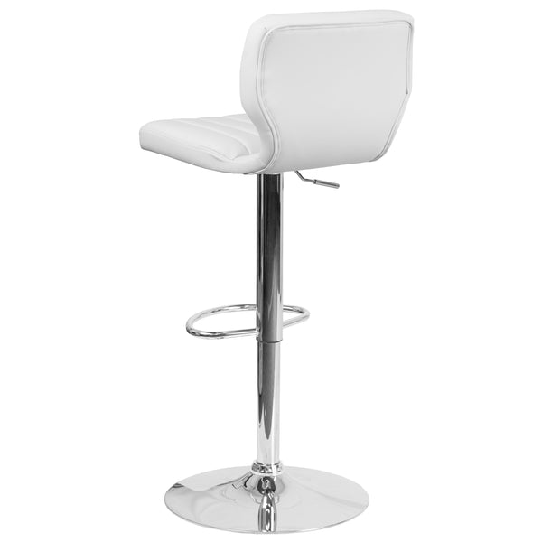 White Vinyl |#| White Vinyl Adjustable Height Barstool w/ Vertical Stitch Back & Chrome Base