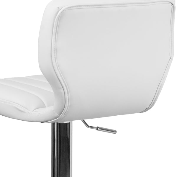 White Vinyl |#| White Vinyl Adjustable Height Barstool w/ Vertical Stitch Back & Chrome Base