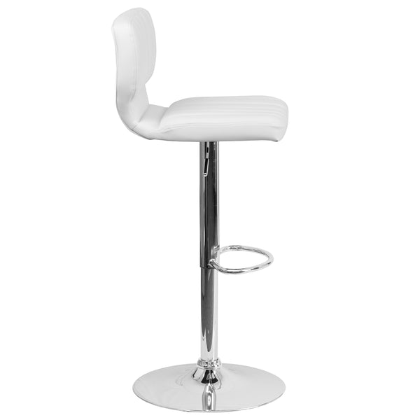 White Vinyl |#| White Vinyl Adjustable Height Barstool w/ Vertical Stitch Back & Chrome Base