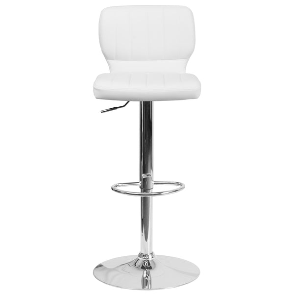 White Vinyl |#| White Vinyl Adjustable Height Barstool w/ Vertical Stitch Back & Chrome Base