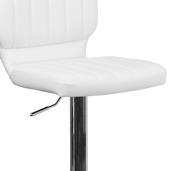 White Vinyl |#| White Vinyl Adjustable Height Barstool w/ Vertical Stitch Back & Chrome Base
