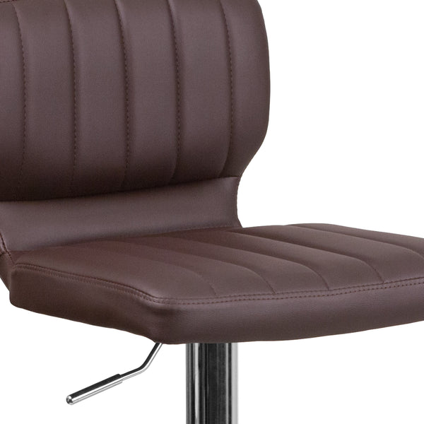 Brown Vinyl |#| Brown Vinyl Adjustable Height Barstool w/ Vertical Stitch Back & Chrome Base
