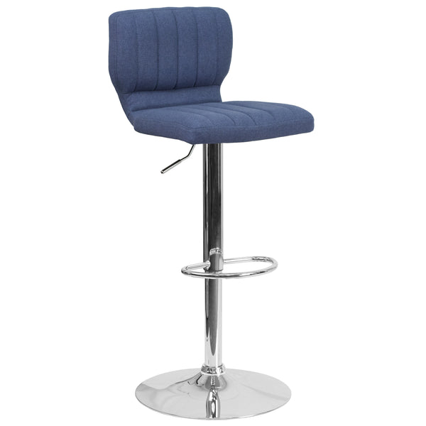 Blue Fabric |#| Blue Fabric Adjustable Height Barstool w/ Vertical Stitch Back & Chrome Base