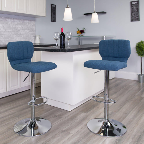 Blue Fabric |#| Blue Fabric Adjustable Height Barstool w/ Vertical Stitch Back & Chrome Base