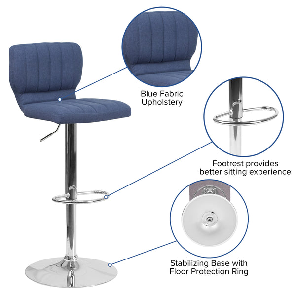 Blue Fabric |#| Blue Fabric Adjustable Height Barstool w/ Vertical Stitch Back & Chrome Base