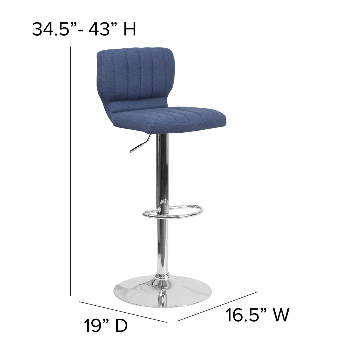 Blue Fabric |#| Blue Fabric Adjustable Height Barstool w/ Vertical Stitch Back & Chrome Base
