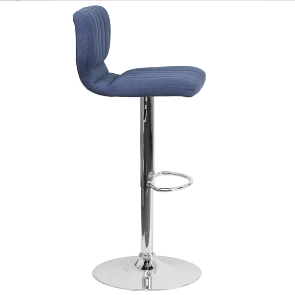 Blue Fabric |#| Blue Fabric Adjustable Height Barstool w/ Vertical Stitch Back & Chrome Base