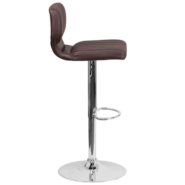 Brown Vinyl |#| Brown Vinyl Adjustable Height Barstool w/ Vertical Stitch Back & Chrome Base