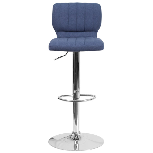 Blue Fabric |#| Blue Fabric Adjustable Height Barstool w/ Vertical Stitch Back & Chrome Base