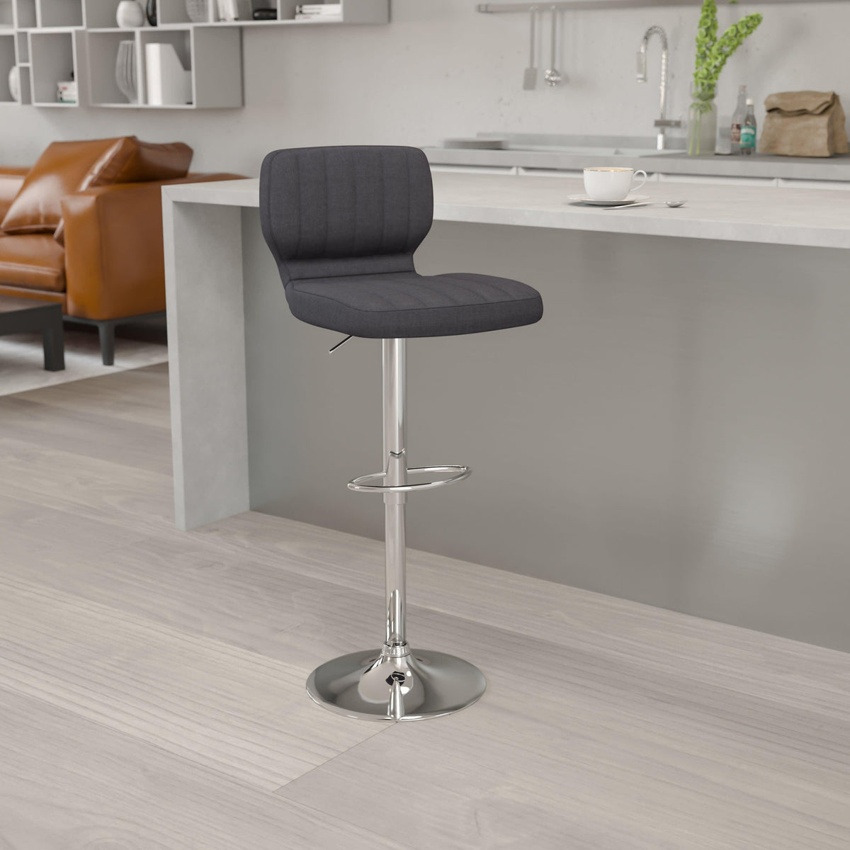Charcoal Fabric |#| Charcoal Fabric Adjustable Height Barstool w/ Vertical Stitch Back & Chrome Base