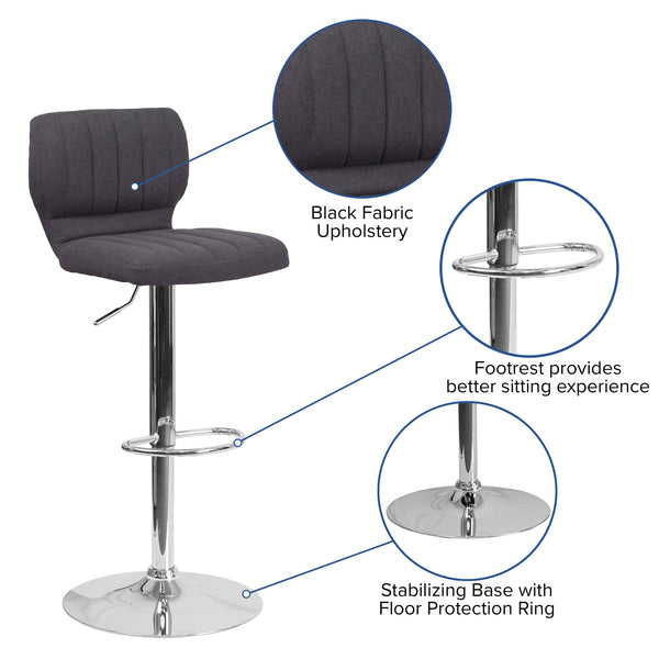 Charcoal Fabric |#| Charcoal Fabric Adjustable Height Barstool w/ Vertical Stitch Back & Chrome Base