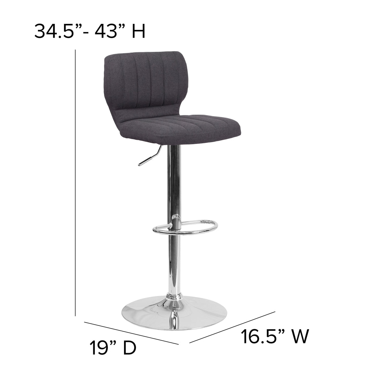 Charcoal Fabric |#| Charcoal Fabric Adjustable Height Barstool w/ Vertical Stitch Back & Chrome Base
