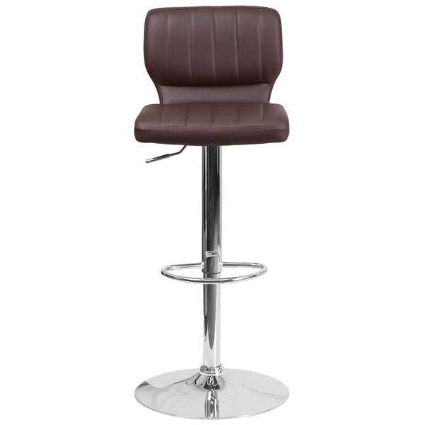 Brown Vinyl |#| Brown Vinyl Adjustable Height Barstool w/ Vertical Stitch Back & Chrome Base