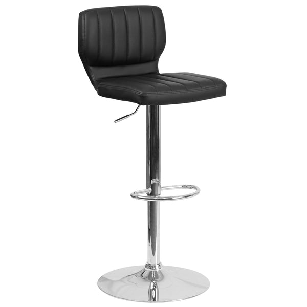 Black Vinyl |#| Black Vinyl Adjustable Height Barstool w/ Vertical Stitch Back & Chrome Base