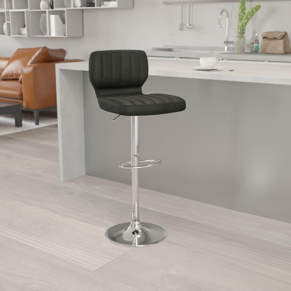 Black Vinyl |#| Black Vinyl Adjustable Height Barstool w/ Vertical Stitch Back & Chrome Base
