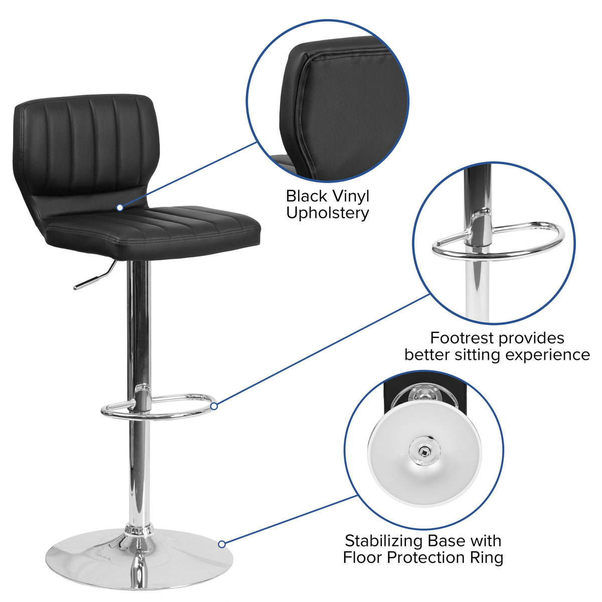 Black Vinyl |#| Black Vinyl Adjustable Height Barstool w/ Vertical Stitch Back & Chrome Base