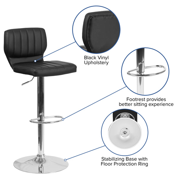 Black Vinyl |#| Black Vinyl Adjustable Height Barstool w/ Vertical Stitch Back & Chrome Base