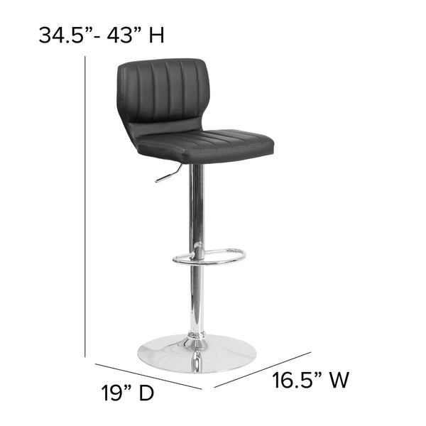 Black Vinyl |#| Black Vinyl Adjustable Height Barstool w/ Vertical Stitch Back & Chrome Base
