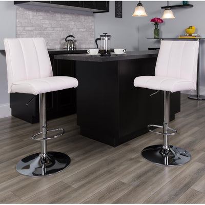 Contemporary Vinyl Adjustable Height Barstool with Vertical Stitch Panel Back and Chrome Base