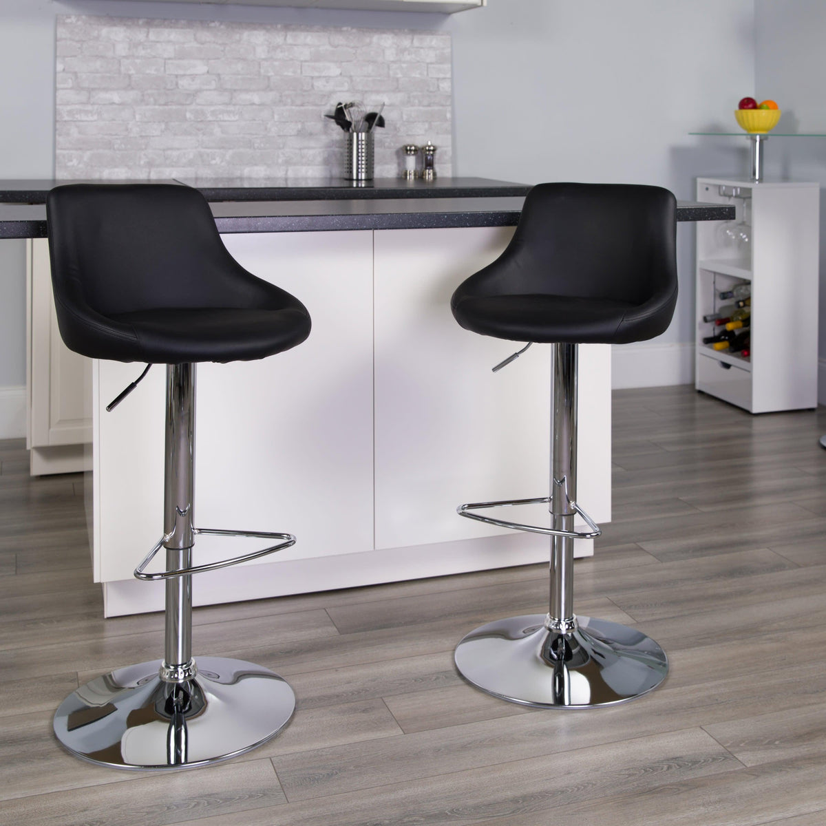 Black |#| Contemporary Black Vinyl Bucket Seat Adjustable Height Barstool with Chrome Base