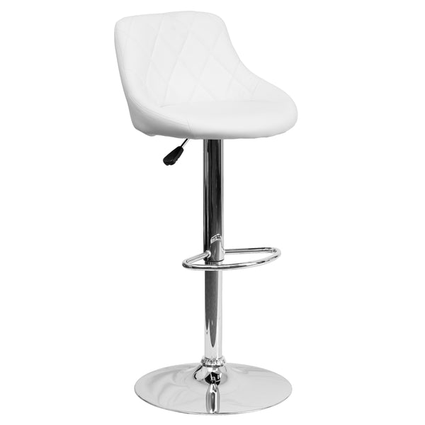 White |#| White Vinyl Bucket Seat Adjustable Height Barstool with Diamond Pattern Back