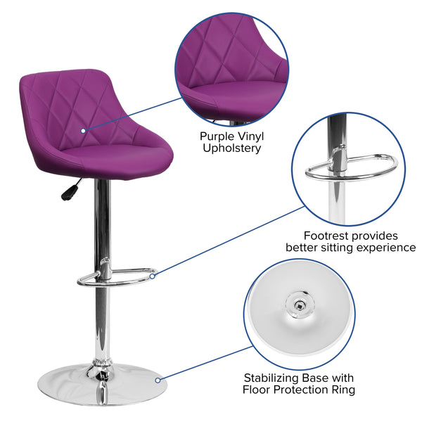 Purple |#| Purple Vinyl Bucket Seat Adjustable Height Barstool with Diamond Pattern Back