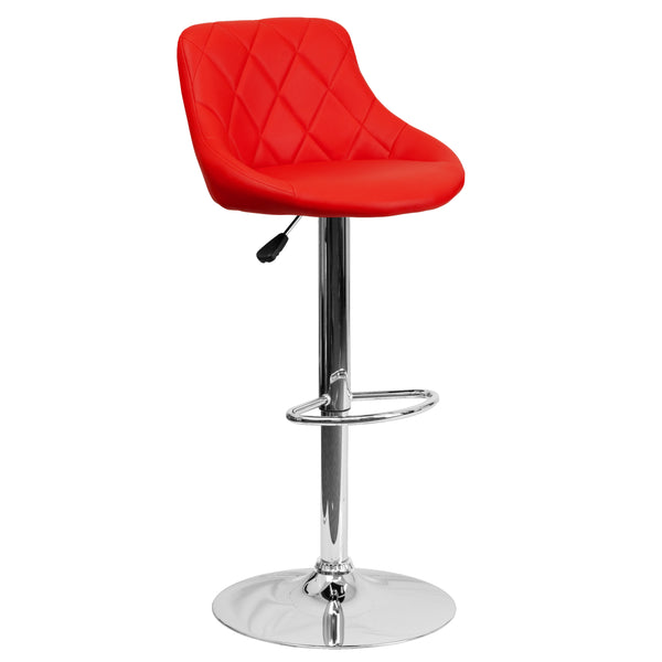 Red |#| Red Vinyl Bucket Seat Adjustable Height Barstool with Diamond Pattern Back