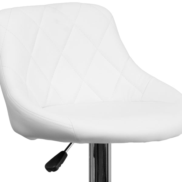 White |#| White Vinyl Bucket Seat Adjustable Height Barstool with Diamond Pattern Back
