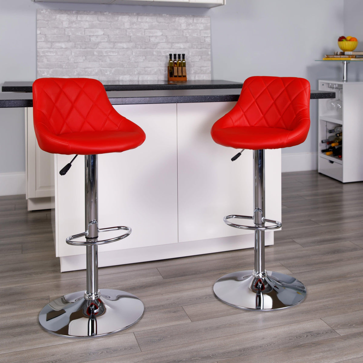 Red |#| Red Vinyl Bucket Seat Adjustable Height Barstool with Diamond Pattern Back