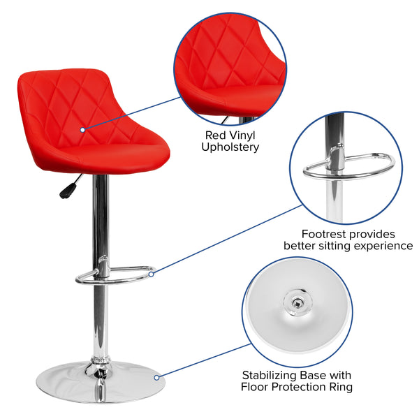 Red |#| Red Vinyl Bucket Seat Adjustable Height Barstool with Diamond Pattern Back