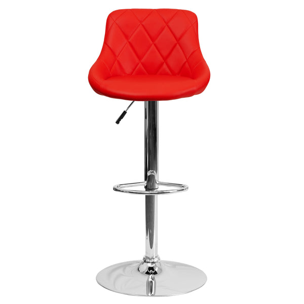 Red |#| Red Vinyl Bucket Seat Adjustable Height Barstool with Diamond Pattern Back